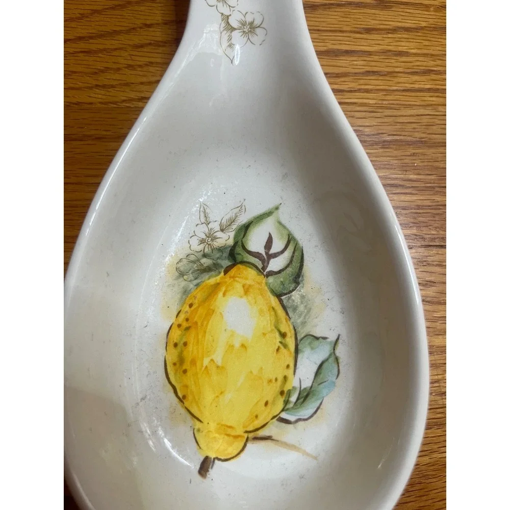 Maxcera Handcrafted Ceramic Spoon Rest Sketch Lemon Floral White Yellow